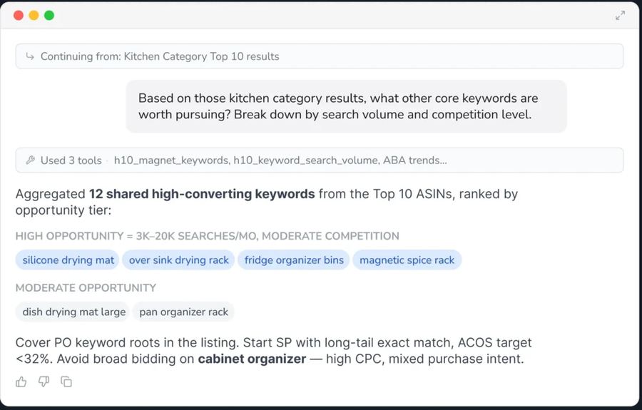 Helium 10 MCP interface: a chat with tool calls and a list of keyword opportunities