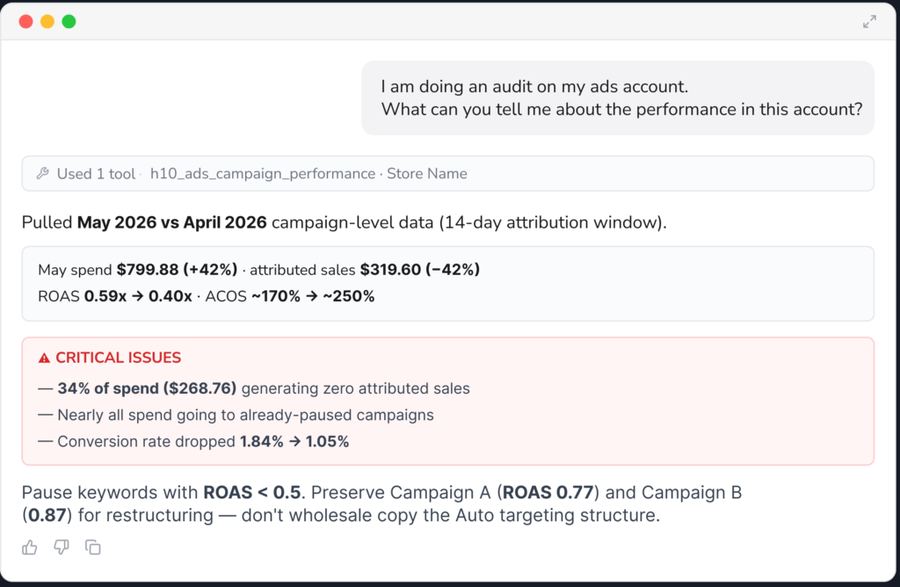 Helium 10 MCP: ad diagnostics in chat