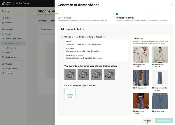 TikTok Shop seller dashboard: AI video generation button