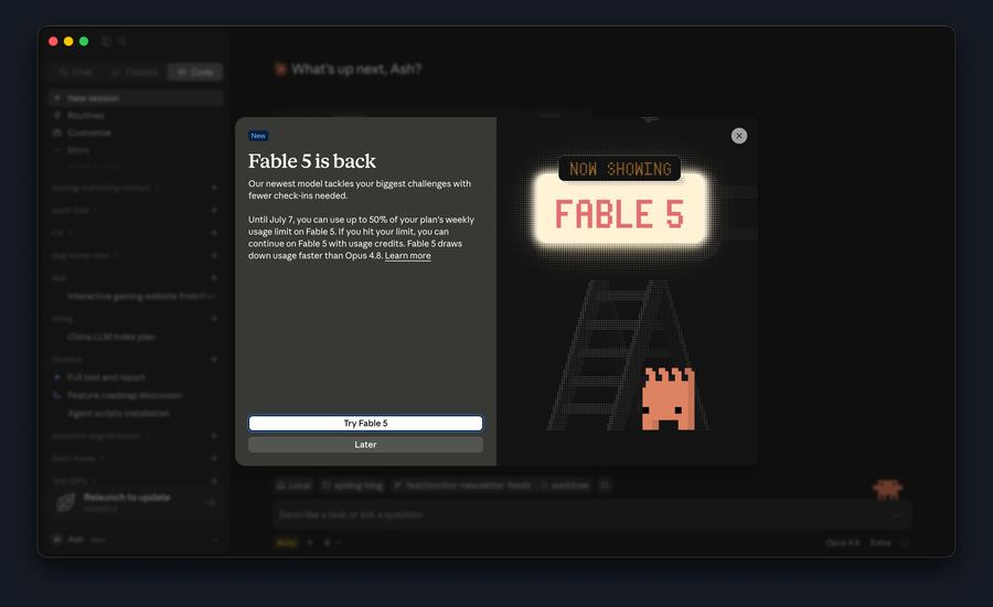 Claude interface with the Fable 5 model selected