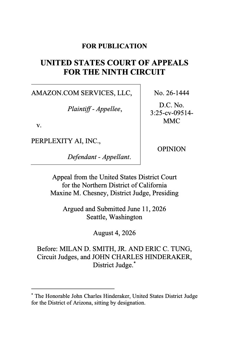 Первая страница решения Девятого апелляционного округа по делу Amazon против Perplexity