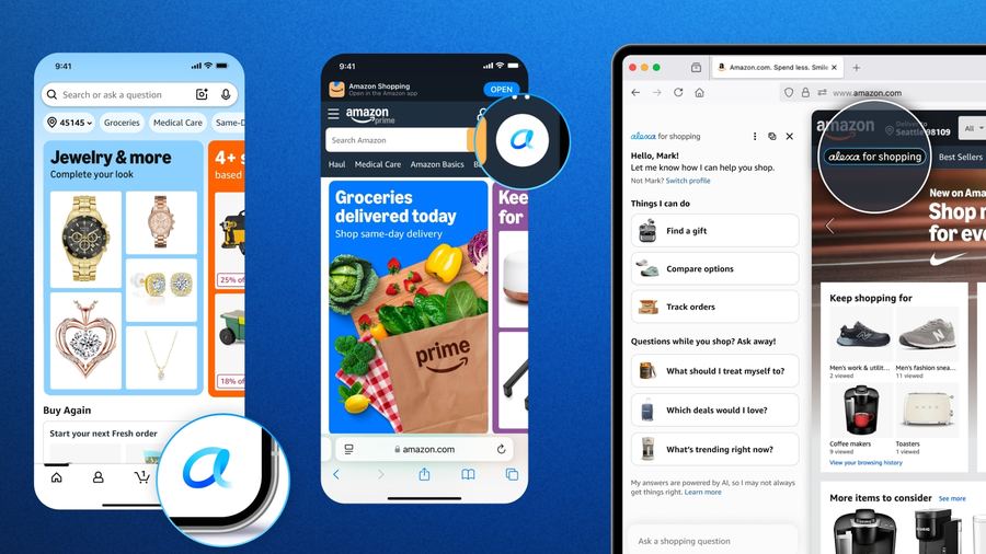 Окно ассистента Alexa for Shopping на десктопной и мобильной витрине Amazon